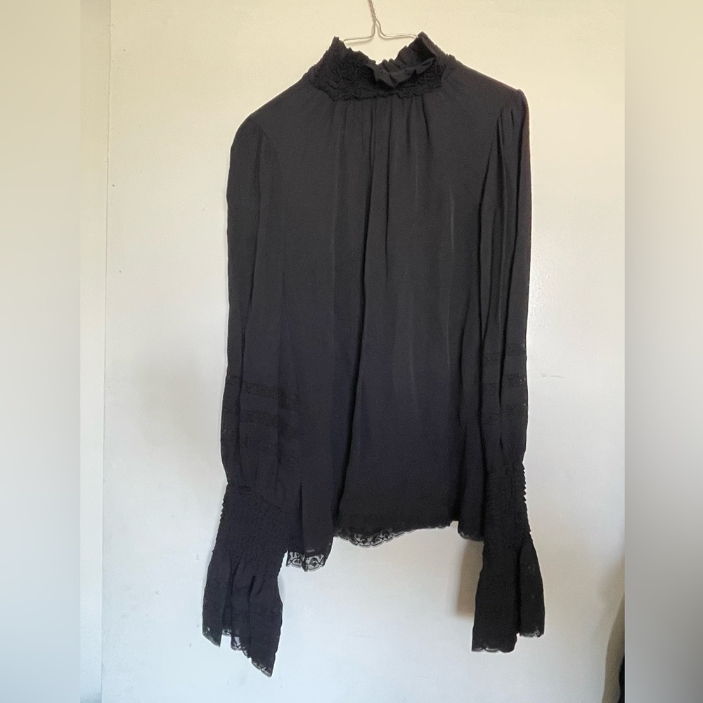 Kobi Halperin Black Mandarin Collar Ruffled Blouse